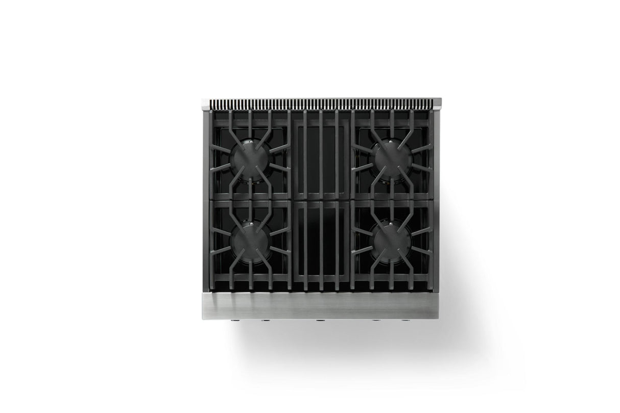 30"W. Dual Fuel Range (Finish: Stainless Steel, Trim: Brushed Brass, Fuel: Natural Gas)