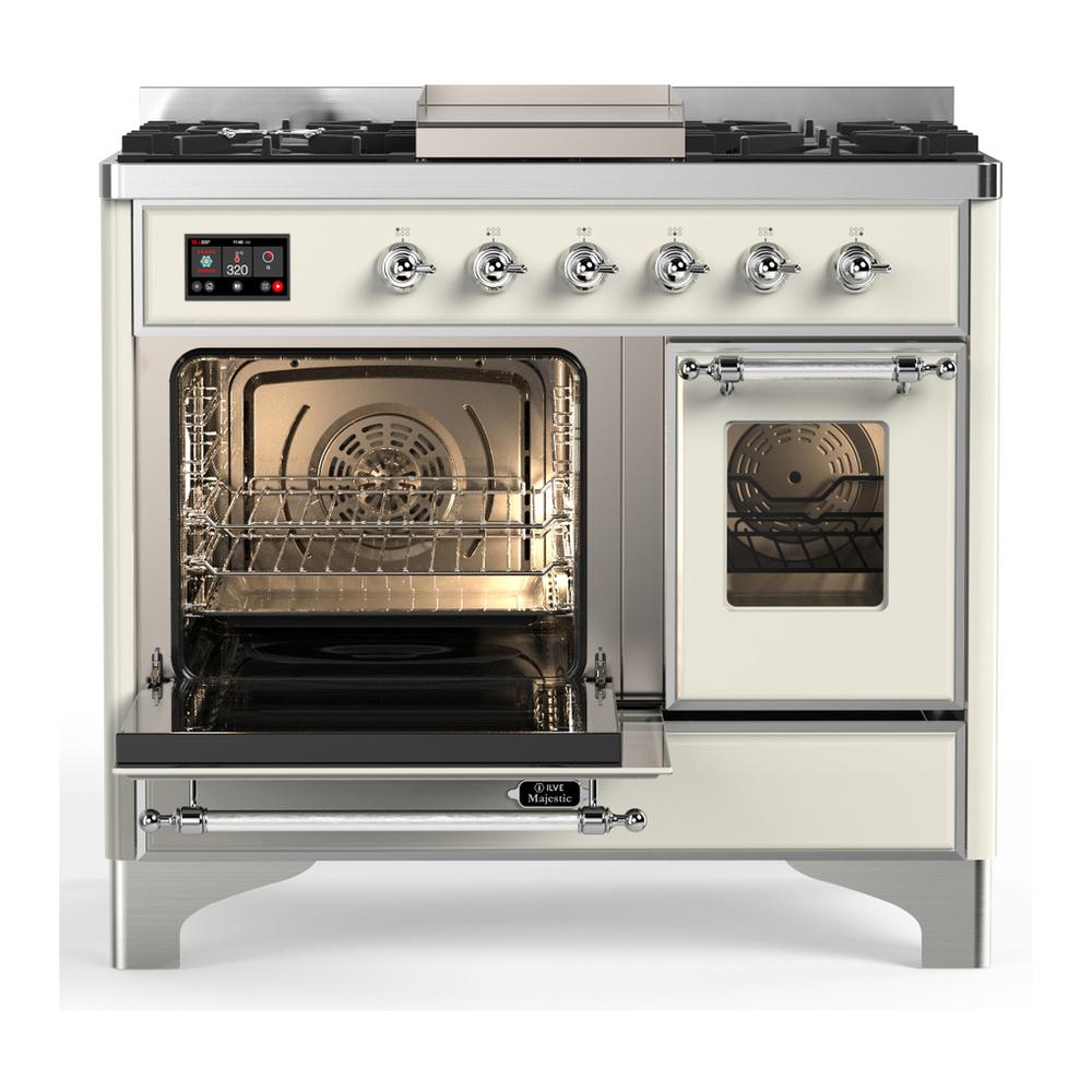 ILVE UMD40FNR3AWCLP Majestic III 40 inch Dual Fuel Range with 6 Burners and Griddle, Dual Function Burner up to 25,000 BTU (Liquid Propane, Triple Glass Door, Antique White, Chrome)