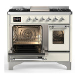 ILVE UMD40FNR3AWCLP Majestic III 40 inch Dual Fuel Range with 6 Burners and Griddle, Dual Function Burner up to 25,000 BTU (Liquid Propane, Triple Glass Door, Antique White, Chrome)