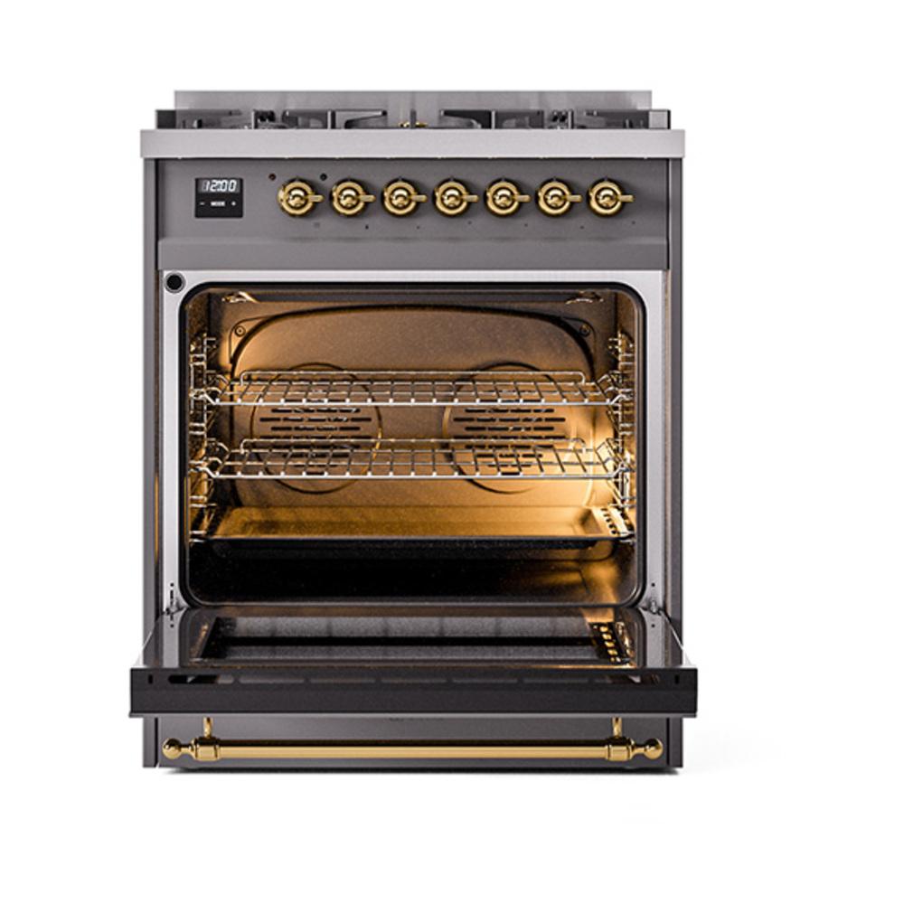 ILVE UN30QNMPMGGLP Nostalgie II Noblesse 30 inch Dual Fuel Range (Liquid Propane, Solid Door, Graphite Matte, Brass)
