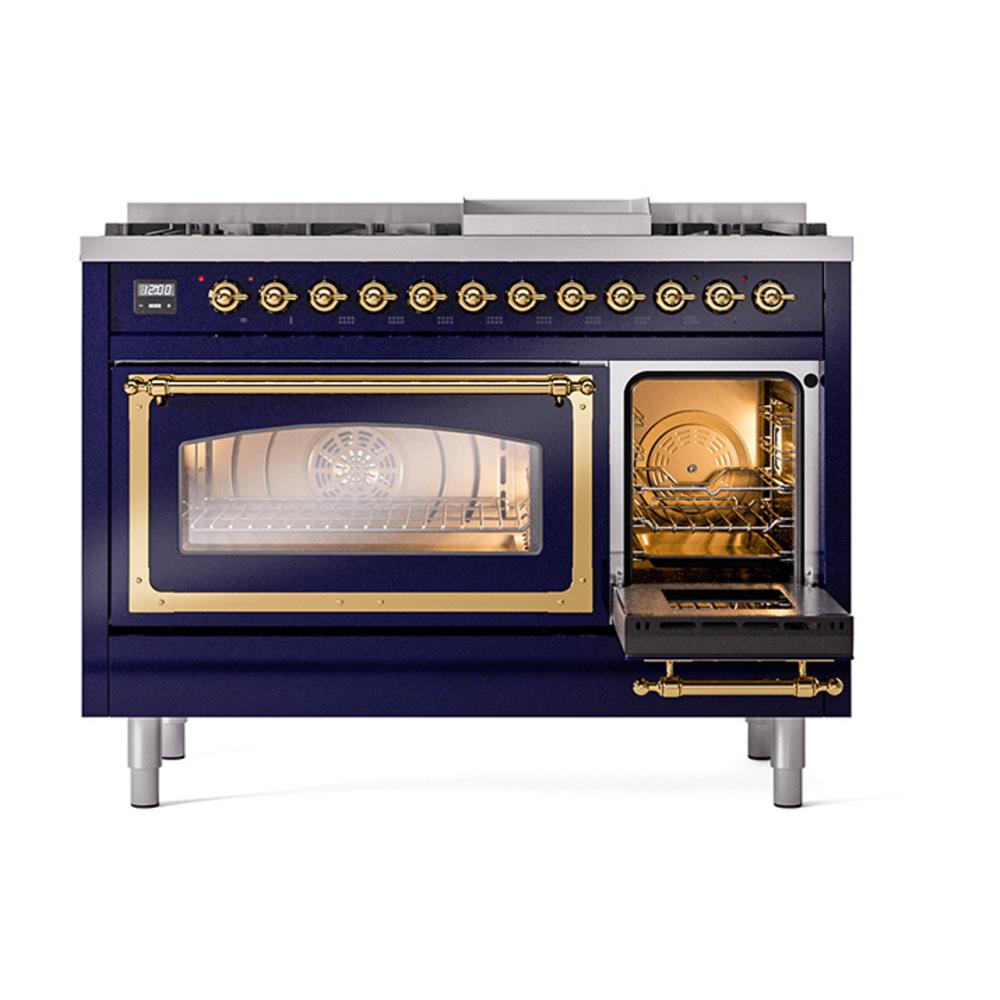 ILVE UN48FNMPMBG Nostalgie II Noblesse 48 inch Dual Fuel Range (8 Sealed Burners + Griddle, Natural Gas, Triple Glass Door, Midnight Blue, Brass)