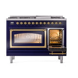 ILVE UN48FNMPMBG Nostalgie II Noblesse 48 inch Dual Fuel Range (8 Sealed Burners + Griddle, Natural Gas, Triple Glass Door, Midnight Blue, Brass)