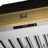 Forno Vittorio 36-Inch Wall Mount Range Hood, Black with Antique Brass Trim, 600 CFM Airflow, Dishwasher-Safe Baffle Filters, Remote Control, 3-Speed Fan, Bright LED Lighting.