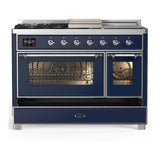 ILVE UM48FSNR3MBC Majestic III 48 inch Dual Fuel Range with 5 Black Brass Burners, Griddle and French Top, Dual Function Burner up to 25,000 BTU (Natural Gas, Triple Glass Door, Midnight Blue, Chrome)