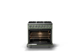 36"W. Dual Fuel Range (Burner: 6b, Finish: Eucalyptus, Trim: Polished Chrome, Fuel: Natural Gas)