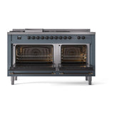 ILVE UN60FSQNMPBGB Nostalgie II Noblesse 60 inch Dual Fuel Range (7 Sealed Burners + Griddle + French Top, Natural Gas, Solid Door, Blue Grey, Burnished)