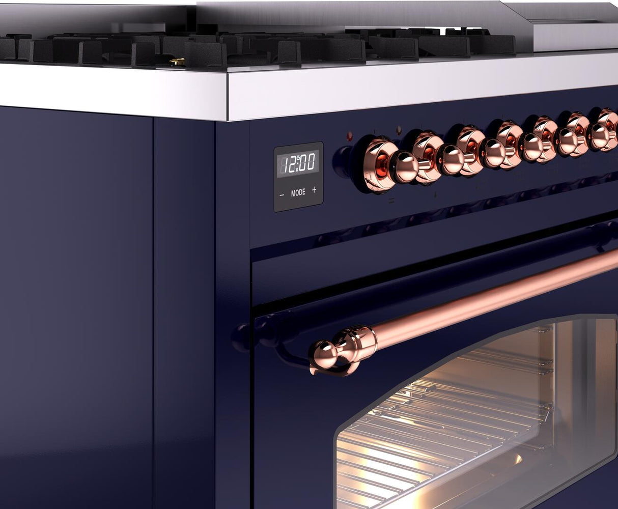 Nostalgie II 48 Inch Dual Fuel Liquid Propane Freestanding Range in Blue with Copper Trim