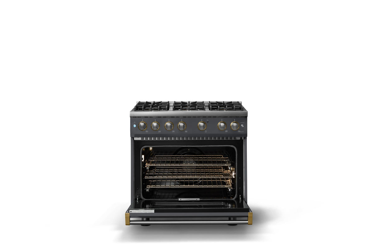 36"W. Sealed Burner Gas Range (Burner: 6b, Finish: Cast Black, Trim: Brushed Brass, Fuel: Propane)
