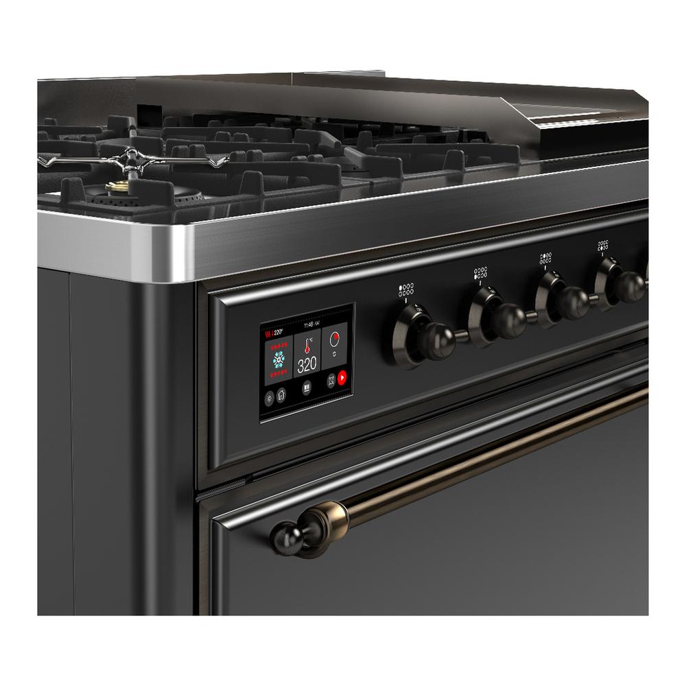 ILVE UM48FQNR3MGBLP Majestic III 48 inch Dual Fuel Range with 8 Burners and Griddle, Dual Function Burner up to 25,000 BTU (Liquid Propane, Solid Door, Graphite Matte, Burnished)