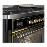 ILVE UM60FNR3BKG Majestic III 60 inch Dual Fuel Range with 9 Burners and Griddle, Dual Function Burner up to 25,000 BTU (Natural Gas, Triple Glass Door, Glossy Black, Brass)