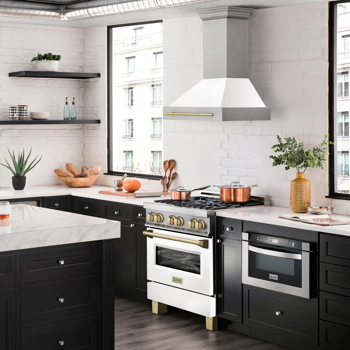 ZLINE 30 in. Autograph Edition Stainless Steel Range Hood with White Matte Shell and Accents (8654STZ-WM30) [Color: Gold]