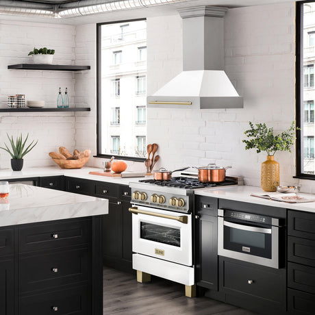 ZLINE 30 in. Autograph Edition Stainless Steel Range Hood with White Matte Shell and Accents (8654STZ-WM30) [Color: Gold]