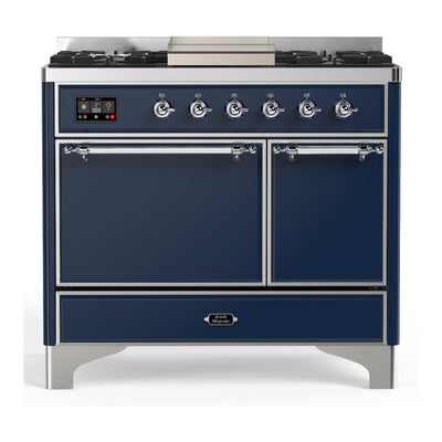 ILVE UMD40FQNR3MBCLP Majestic III 40 inch Dual Fuel Range with 6 Burners and Griddle, Dual Function Burner up to 25,000 BTU (Liquid Propane, Solid Door, Midnight Blue, Chrome)