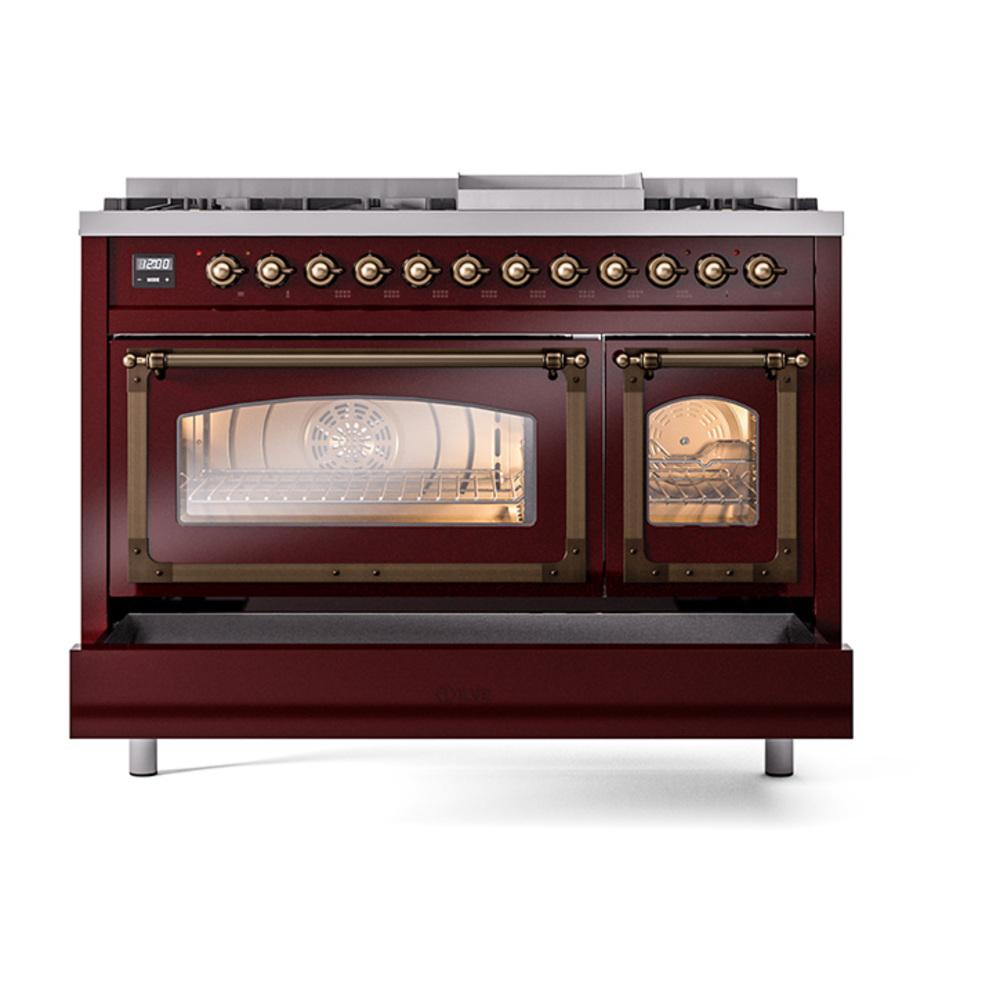 ILVE UN48FNMPBUB Nostalgie II Noblesse 48 inch Dual Fuel Range (8 Sealed Burners + Griddle, Natural Gas, Triple Glass Door, Burgundy, Burnished)