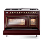 ILVE UN48FNMPBUB Nostalgie II Noblesse 48 inch Dual Fuel Range (8 Sealed Burners + Griddle, Natural Gas, Triple Glass Door, Burgundy, Burnished)