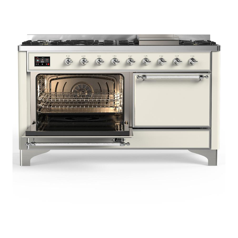 ILVE UM60FQNR3AWCLP Majestic III 60 inch Dual Fuel Range with 9 Burners and Griddle, Dual Function Burner up to 25,000 BTU (Liquid Propane, Solid Door, Antique White, Chrome)