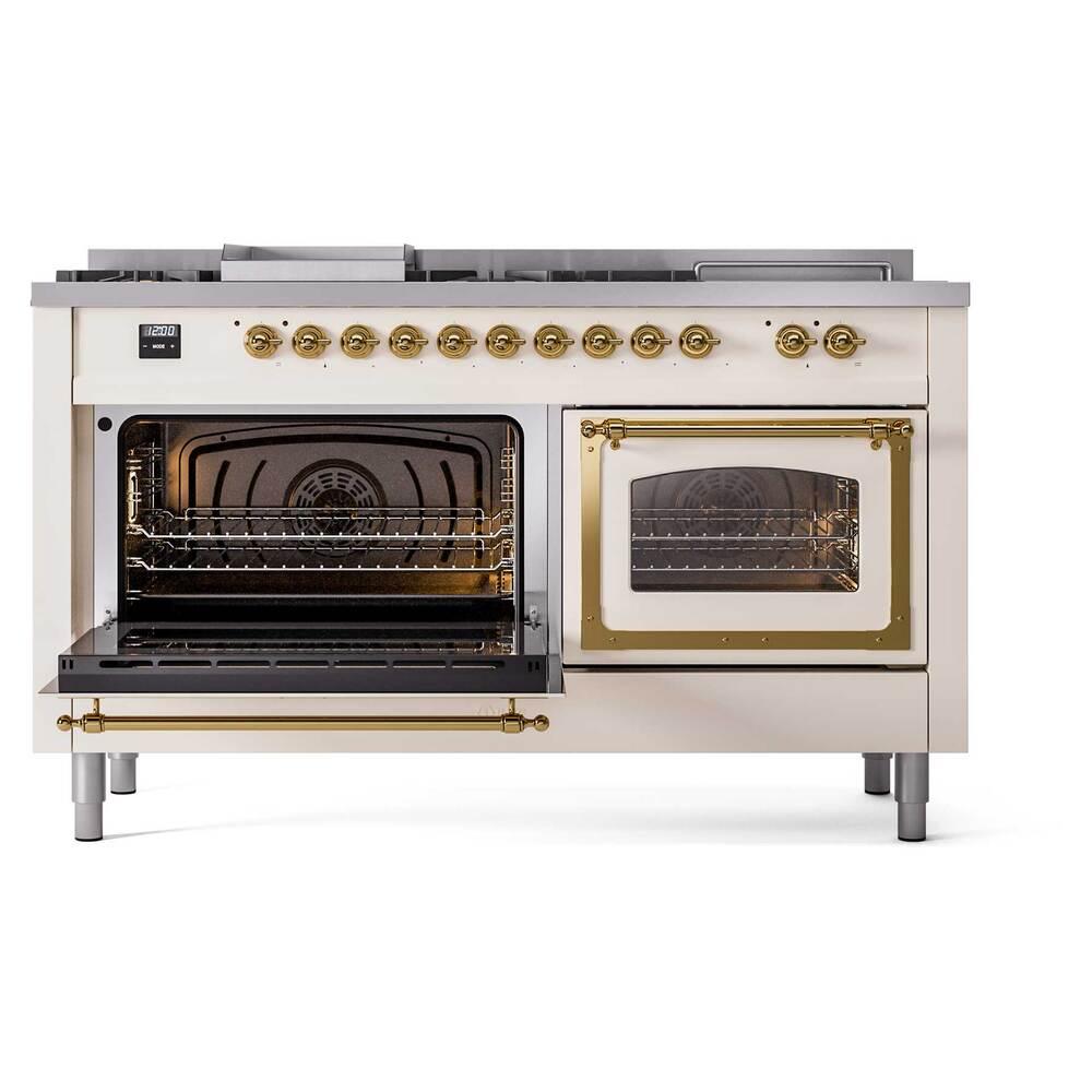 ILVE UN60FSNMPAWG Nostalgie II Noblesse 60 inch Dual Fuel Range (7 Sealed Burners + Griddle + French Top, Natural Gas, Triple Glass Door, Antique White, Brass)