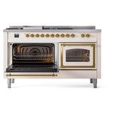 ILVE UN60FSNMPAWG Nostalgie II Noblesse 60 inch Dual Fuel Range (7 Sealed Burners + Griddle + French Top, Natural Gas, Triple Glass Door, Antique White, Brass)