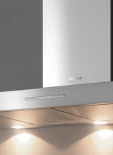 DA 6596 D Puristic Canto AM Island d(eback)cor hood with energy-efficient LED lighting and backlit controls for easy use.