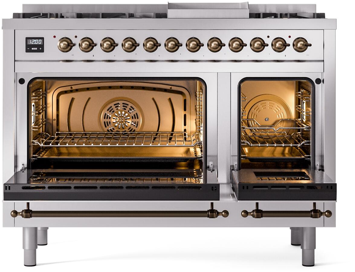 Nostalgie II 48 Inch Dual Fuel Natural Gas Freestanding Range in Stainless Steel with Bronze Trim