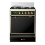 ILVE UM30QNR3BKGLP Majestic III 30 inch Dual Fuel Range with 5 Black Brass Burners, Dual Function Burner up to 25,000 BTU (Liquid Propane, Solid Door, Glossy Black, Brass)
