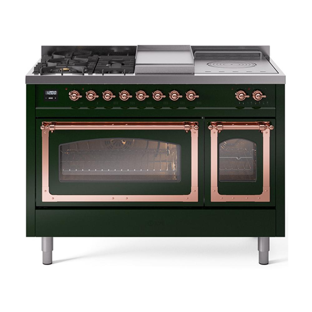 ILVE UN48FSNMPEGP Nostalgie II Noblesse 48 inch Dual Fuel Range (5 Sealed Burners + Griddle + French Top, Natural Gas, Triple Glass Door, Emerald Green, Copper)
