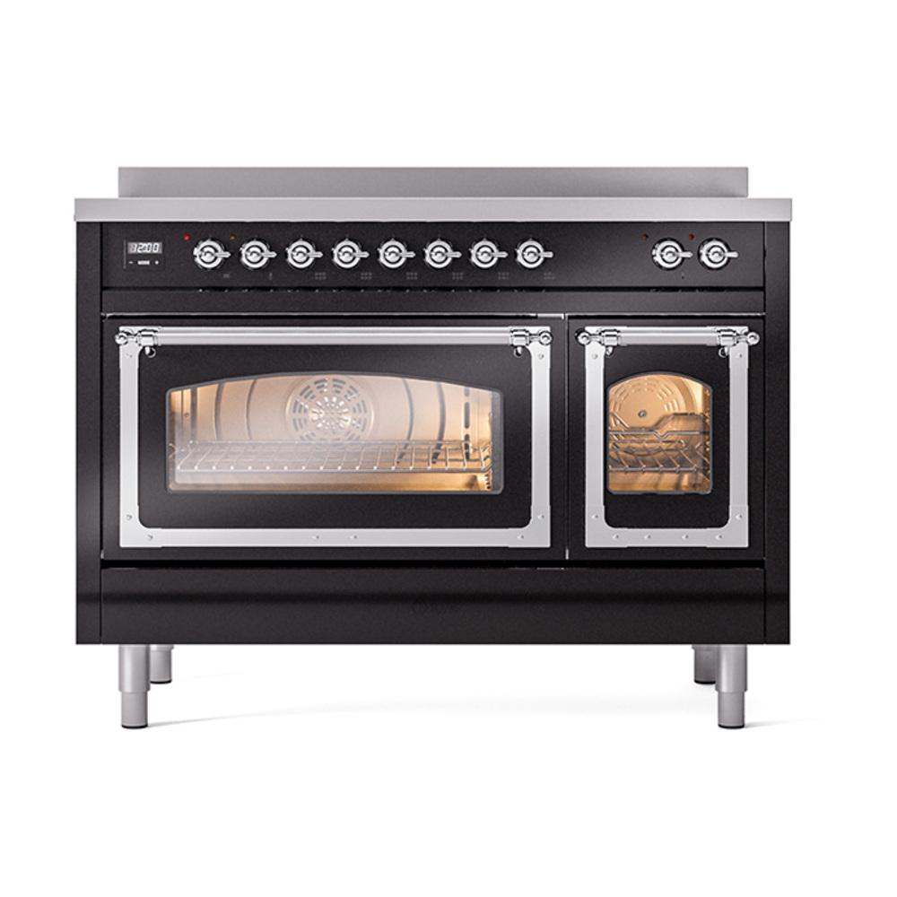 ILVE UNI486NMPBKC Nostalgie II Noblesse 48 inch Induction Range (Triple Glass Door, Glossy Black, Chrome)
