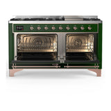 ILVE UM60FQNR3EGPLP Majestic III 60 inch Dual Fuel Range with 9 Burners and Griddle, Dual Function Burner up to 25,000 BTU (Liquid Propane, Solid Door, Emerald Green, Copper)