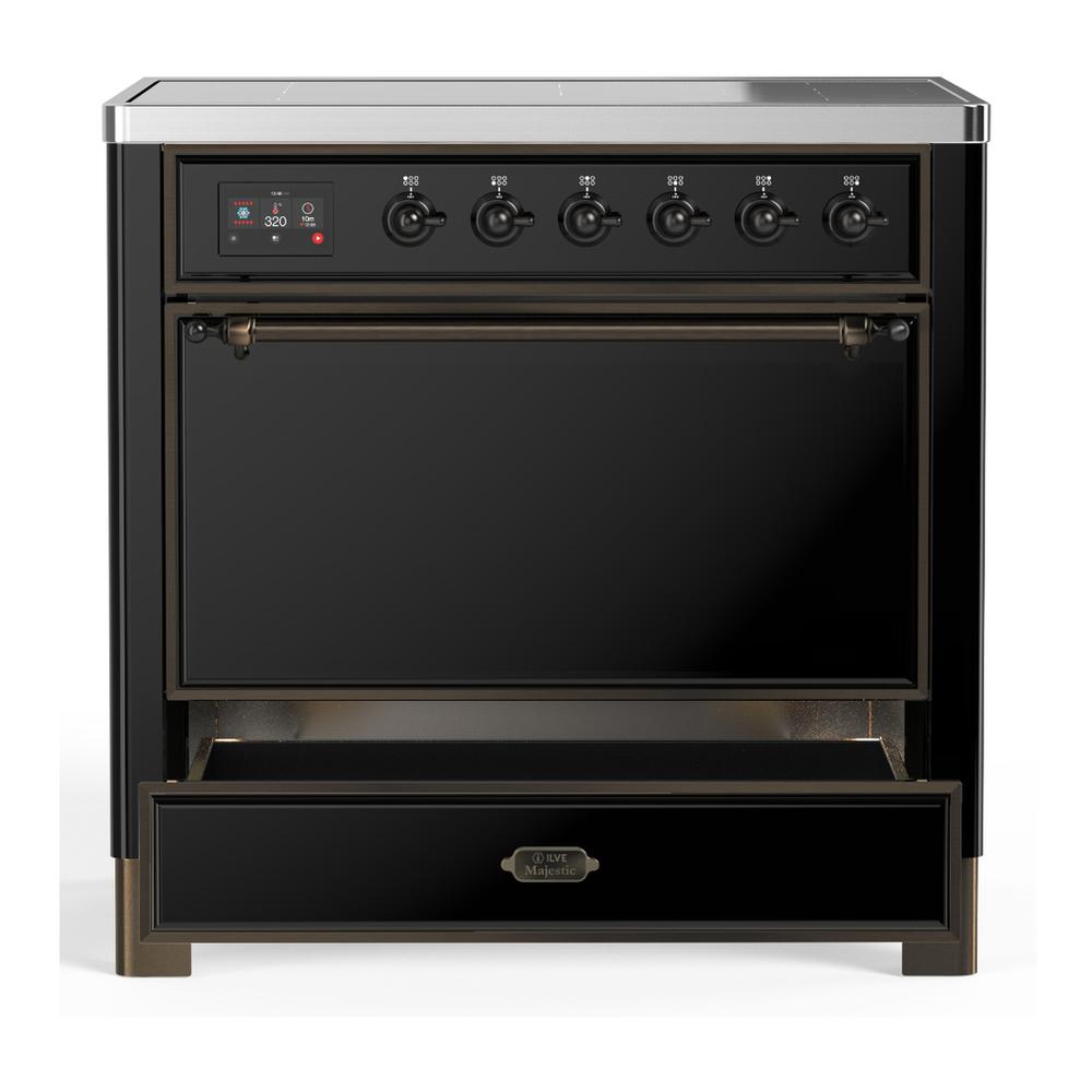 ILVE UMIB36QNR3BKB Majestic III 36 inch Induction Range with 6 Elements, 3.5 cu. ft. Total Oven Capacity (Solid Door, Glossy Black, Burnished)