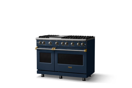 48"W. Sealed Burner Gas Range (Burner: 6g, Finish: Slate Blue, Trim: Brushed Brass, Fuel: Propane)