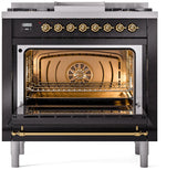Nostalgie II 36 Inch Dual Fuel Natural Gas Freestanding Range in Glossy Black with Brass Trim
