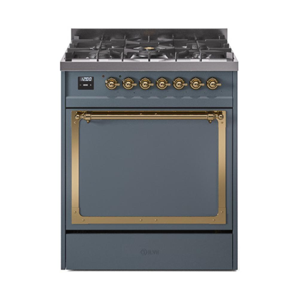 ILVE UN30QNMPBGGLP Nostalgie II Noblesse 30 inch Dual Fuel Range (Liquid Propane, Solid Door, Blue Grey, Brass)