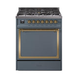 ILVE UN30QNMPBGGLP Nostalgie II Noblesse 30 inch Dual Fuel Range (Liquid Propane, Solid Door, Blue Grey, Brass)