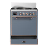 ILVE UM30QNR3BGP Majestic III 30 inch Dual Fuel Range with 5 Black Brass Burners, Dual Function Burner up to 25,000 BTU (Natural Gas, Solid Door, Blue Grey, Copper)