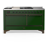 ILVE UM60FSQNR3EGBLP Majestic III 60 inch Dual Fuel Range with 7 Burners, Griddle and French Top, Dual Function Burner with up to 25,000 BTU (Liquid Propane, Solid Door, Emerald Green, Burnished)