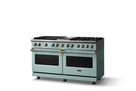 60"W.Dual Fuel Range (Finish: Splash, Trim: Brushed Brass, Fuel: Natural Gas)