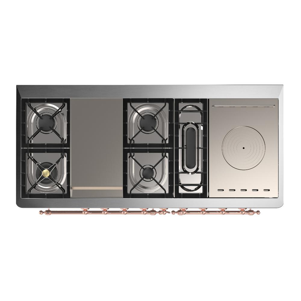 ILVE UM60FSQNR3WHPLP Majestic III 60 inch Dual Fuel Range with 7 Burners, Griddle and French Top, Dual Function Burner with up to 25,000 BTU (Liquid Propane, Solid Door, White, Copper)