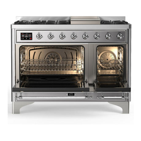 ILVE UM48FNR3SSC Majestic III 48 inch Dual Fuel Range with 8 Burners and Griddle, Dual Function Burner up to 25,000 BTU (Natural Gas, Triple Glass Door, Stainless Steel, Chrome)