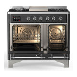 ILVE UMD40FQNR3BKC Majestic III 40 inch Dual Fuel Range with 6 Burners and Griddle, Dual Function Burner up to 25,000 BTU (Natural Gas, Solid Door, Glossy Black, Chrome)