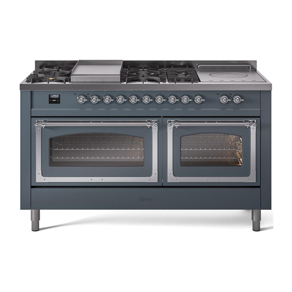 ILVE UN60FSNMPBGC Nostalgie II Noblesse 60 inch Dual Fuel Range (7 Sealed Burners + Griddle + French Top, Natural Gas, Triple Glass Door, Blue Grey, Chrome)