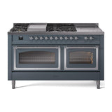 ILVE UN60FSNMPBGC Nostalgie II Noblesse 60 inch Dual Fuel Range (7 Sealed Burners + Griddle + French Top, Natural Gas, Triple Glass Door, Blue Grey, Chrome)