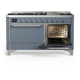 ILVE UM60FQNR3BGCLP Majestic III 60 inch Dual Fuel Range with 9 Burners and Griddle, Dual Function Burner up to 25,000 BTU (Liquid Propane, Solid Door, Blue Grey, Chrome)