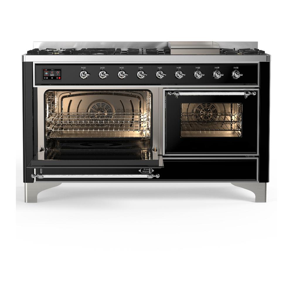 ILVE UM60FNR3BKCLP Majestic III 60 inch Dual Fuel Range with 9 Burners and Griddle, Dual Function Burner up to 25,000 BTU (Liquid Propane, Triple Glass Door, Glossy Black, Chrome)