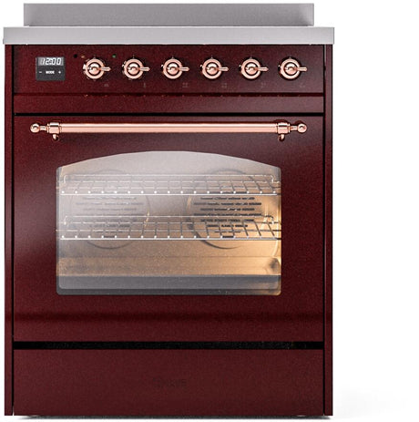 Nostalgie II 30 Inch Electric Freestanding Range in Burgundy with Copper Trim
