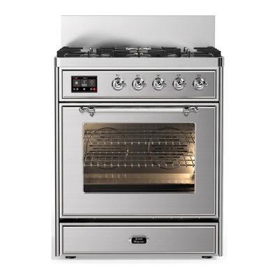 ILVE UM30NR3SSCLP Majestic III 30 inch Dual Fuel Range with 5 Black Brass Burners, Dual Function Burner up to 25,000 BTU (Liquid Propane, Triple Glass Door, Stainless Steel, Chrome)