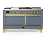 ILVE UM60FSQNR3BGGLP Majestic III 60 inch Dual Fuel Range with 7 Burners, Griddle and French Top, Dual Function Burner with up to 25,000 BTU (Liquid Propane, Solid Door, Blue Grey, Brass)