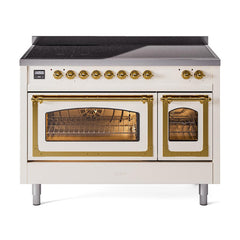 ILVE UNI486NMPAWG Nostalgie II Noblesse 48 inch Induction Range (Triple Glass Door, Antique White, Brass)