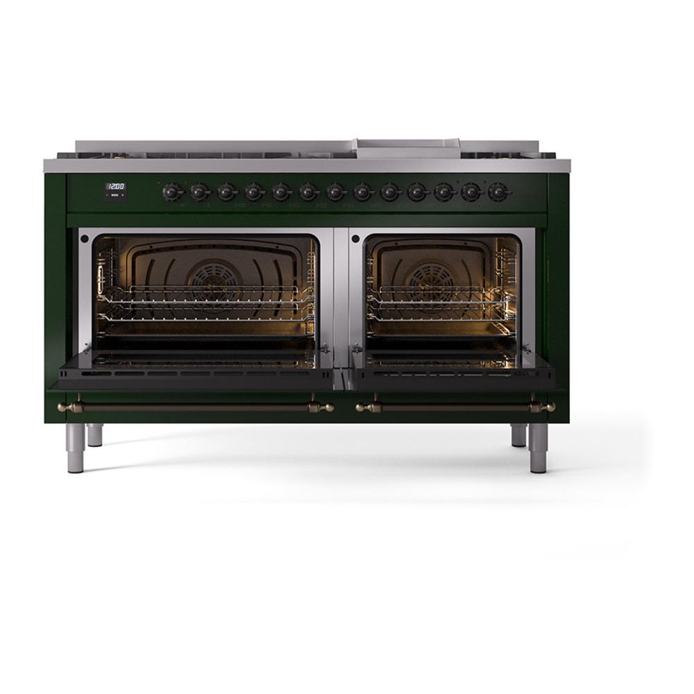ILVE UN60FNMPEGBLP Nostalgie II Noblesse 60 inch Dual Fuel Range (9 Sealed Burners + Griddle, Liquid Propane, Triple Glass Door, Emerald Green, Burnished)