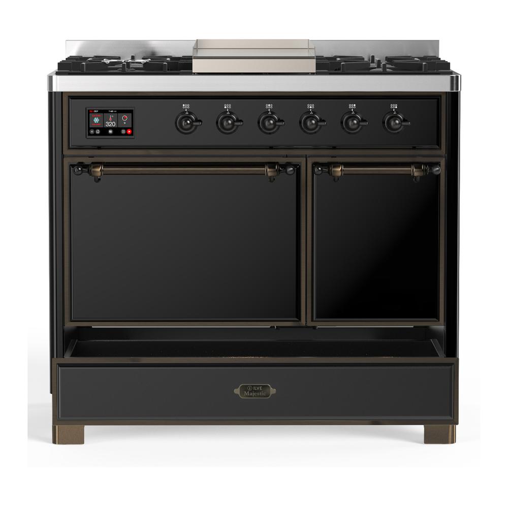 ILVE UMD40FQNR3BKB Majestic III 40 inch Dual Fuel Range with 6 Burners and Griddle, Dual Function Burner up to 25,000 BTU (Natural Gas, Solid Door, Glossy Black, Burnished)