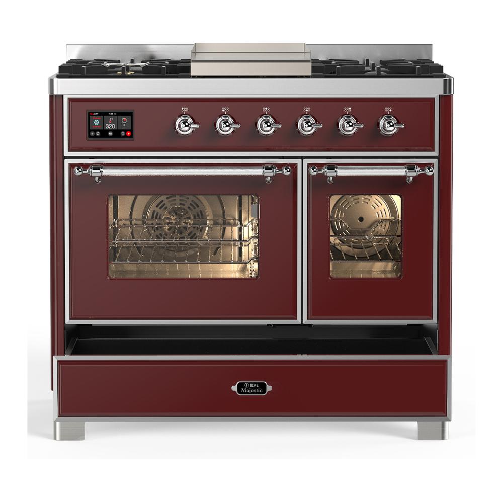 ILVE UMD40FNR3BUC Majestic III 40 inch Dual Fuel Range with 6 Burners and Griddle, Dual Function Burner up to 25,000 BTU (Natural Gas, Triple Glass Door, Burgundy, Chrome)